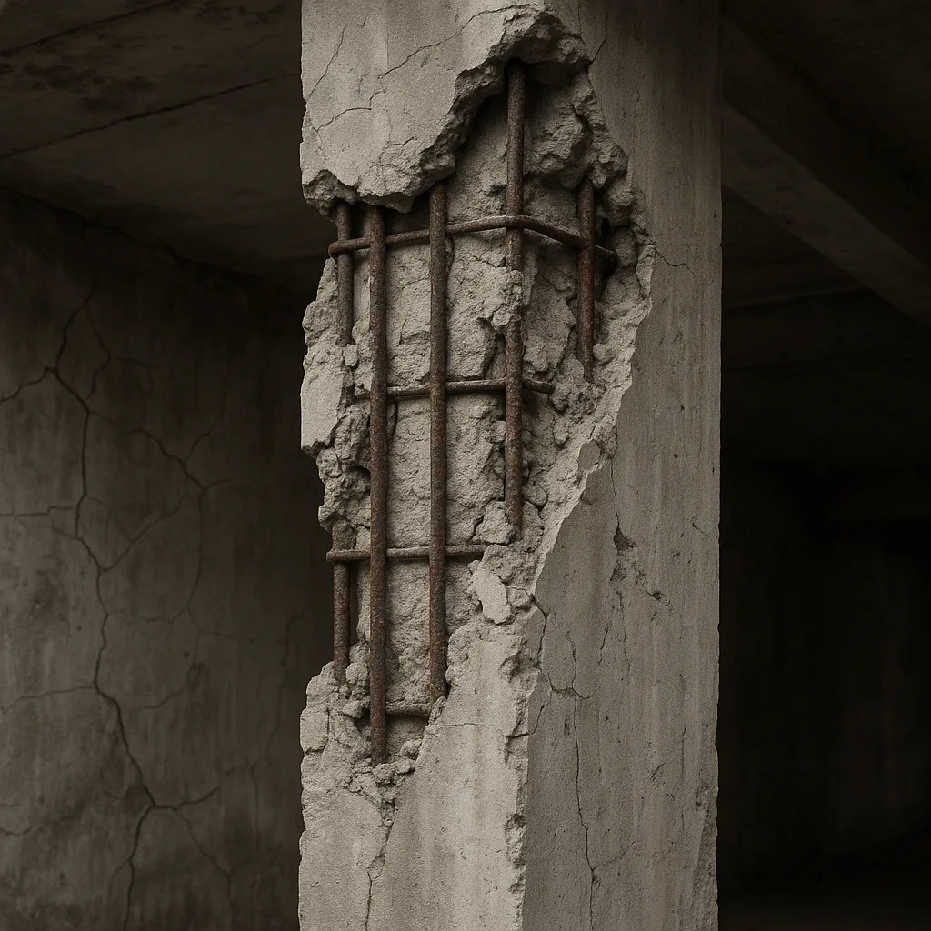 Damaged Concrete Column with Exposed Reinforcement Bars