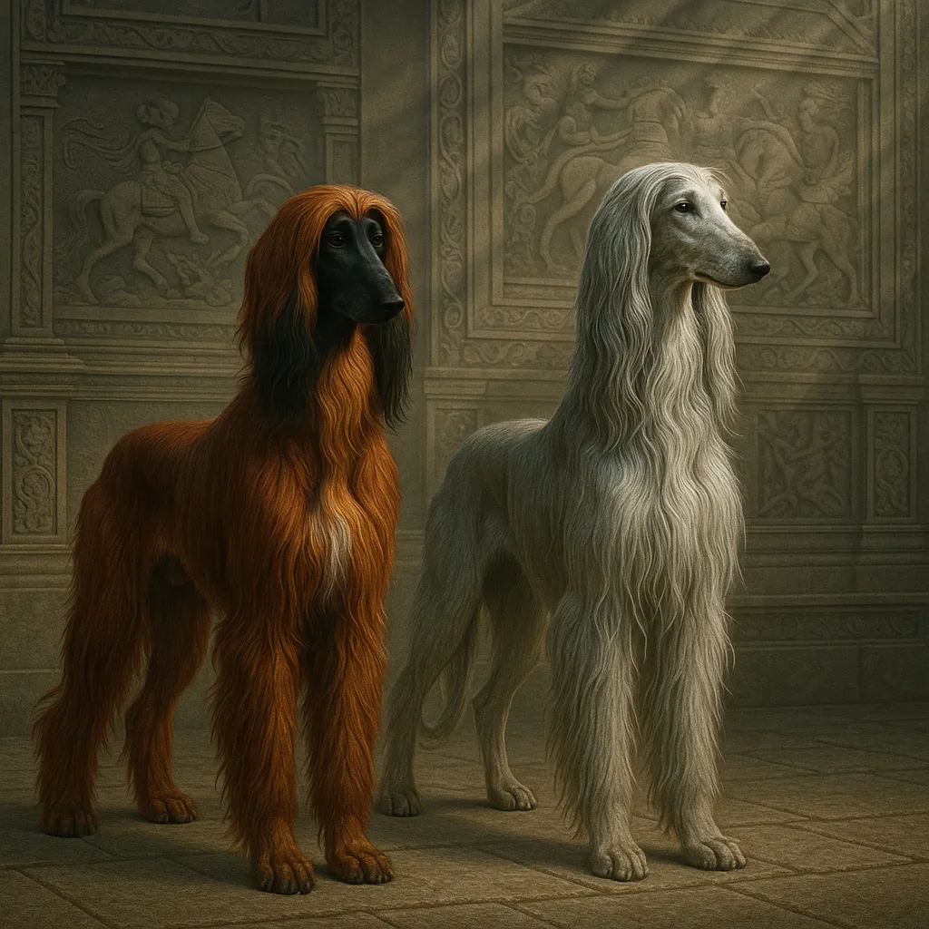 Two Distinct Afghan Hounds Are Set Against Intricate Friezes