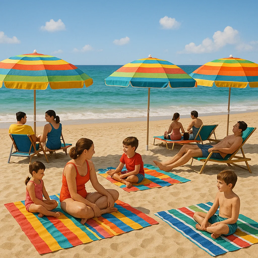 Brightly Colored Parasols Provide Shade for Families