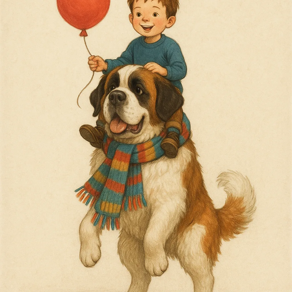 Young Boy Sits on the Shoulders of a Saint Bernard