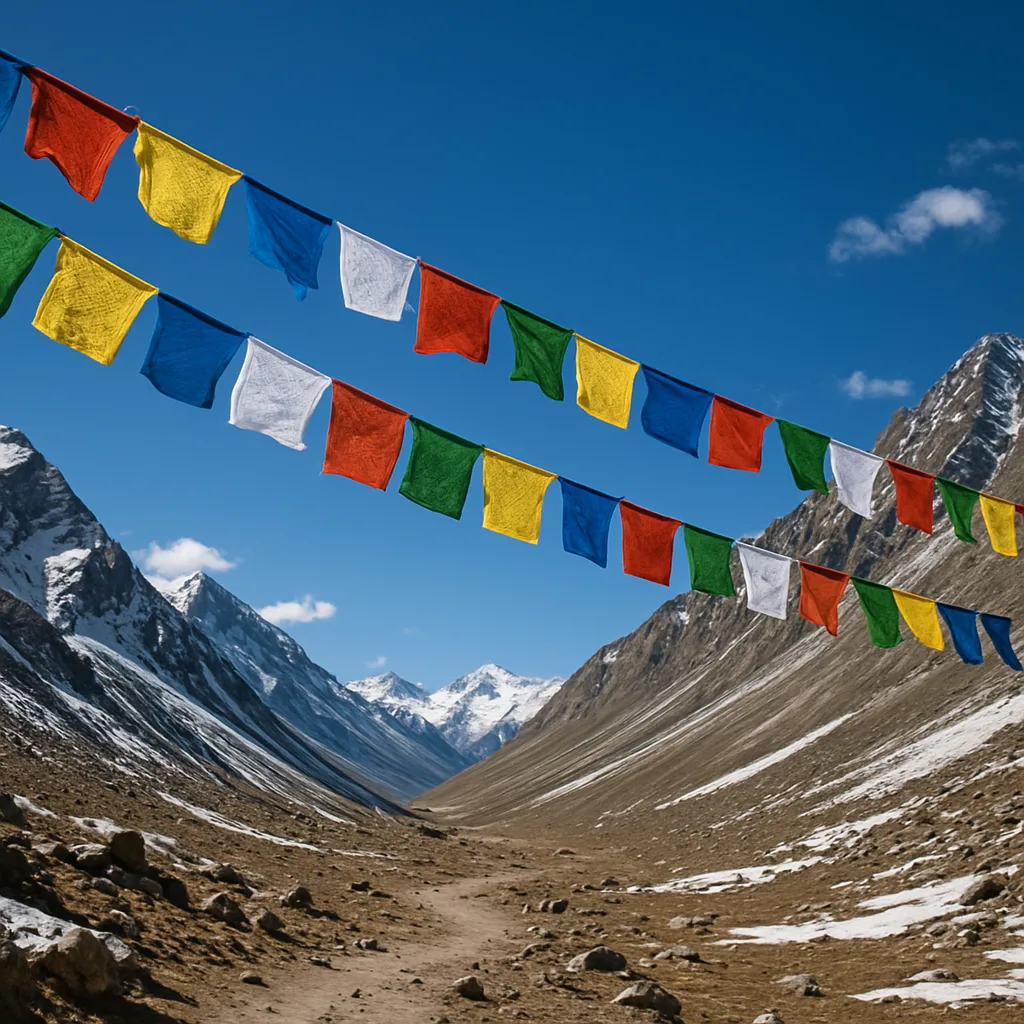 Many Colorful Prayer Flags Flutter in the Wind