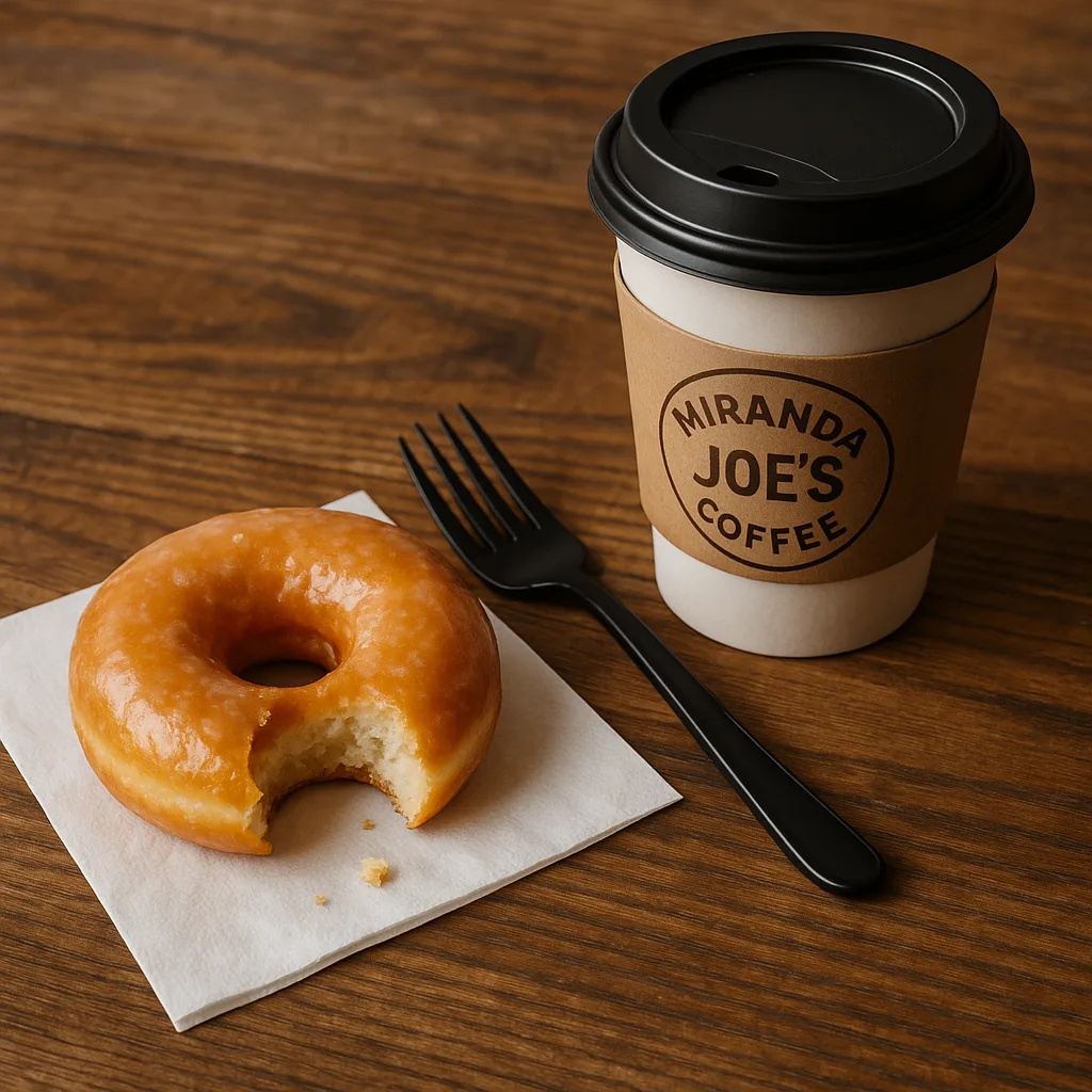 Wooden Table with a Partially Eaten Donut on a Napkin