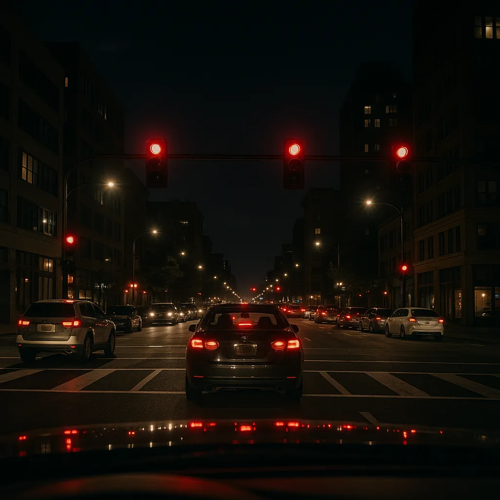 Nighttime Urban Intersection Seen from a Car Dashboard