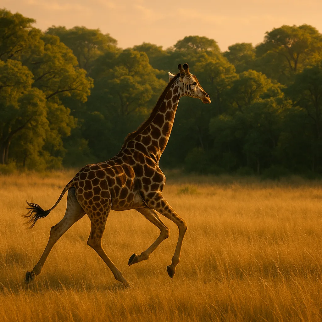 Giraffe Sprinting Across the Sunlit Expanse of Golden Grass