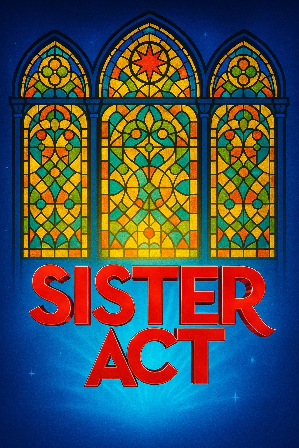 Vibrant Poster for "Sister Act" Showcasing Illuminated Stained Glass Windows