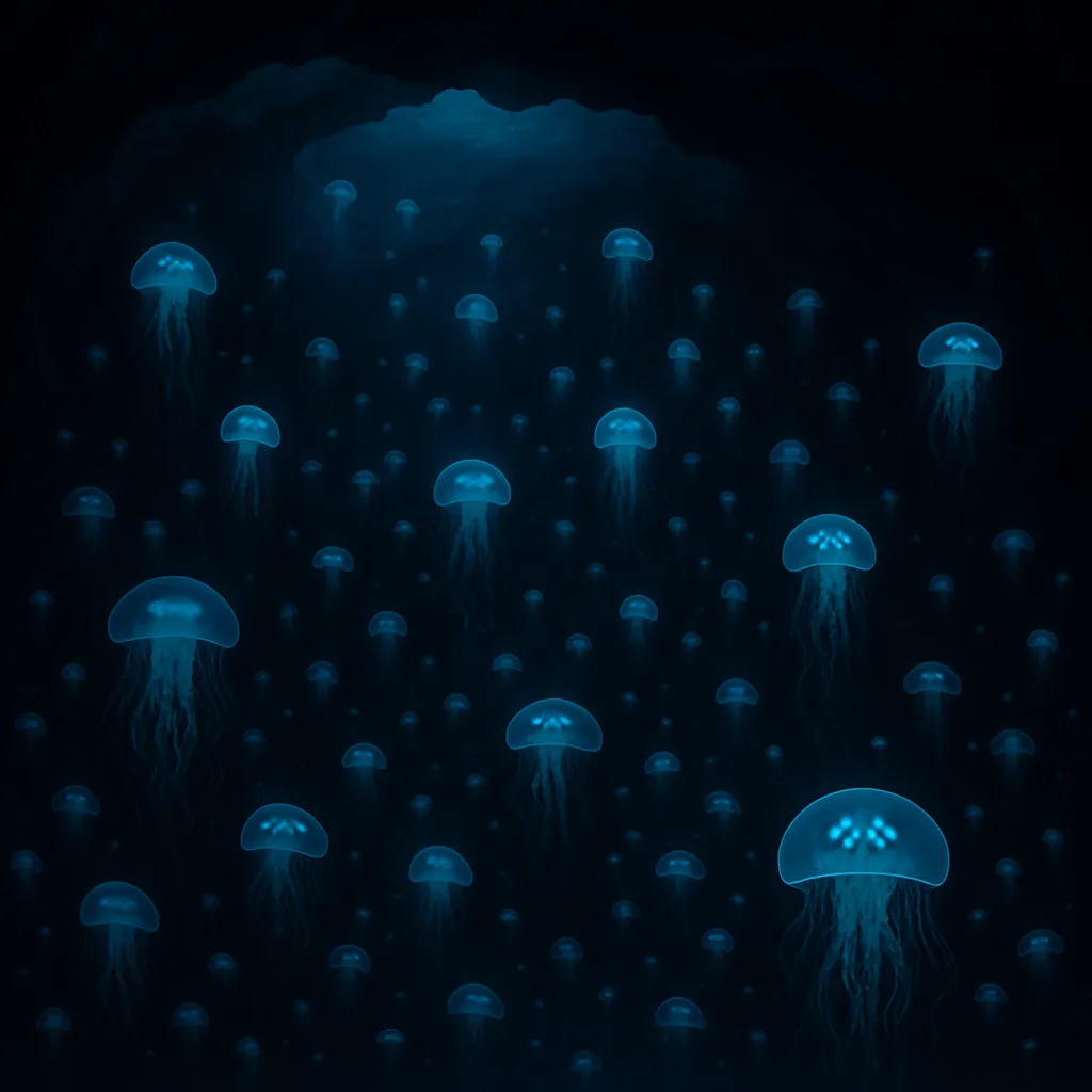 Countless Glowing Jellyfish Drift Serenely in the Inky Black Depths