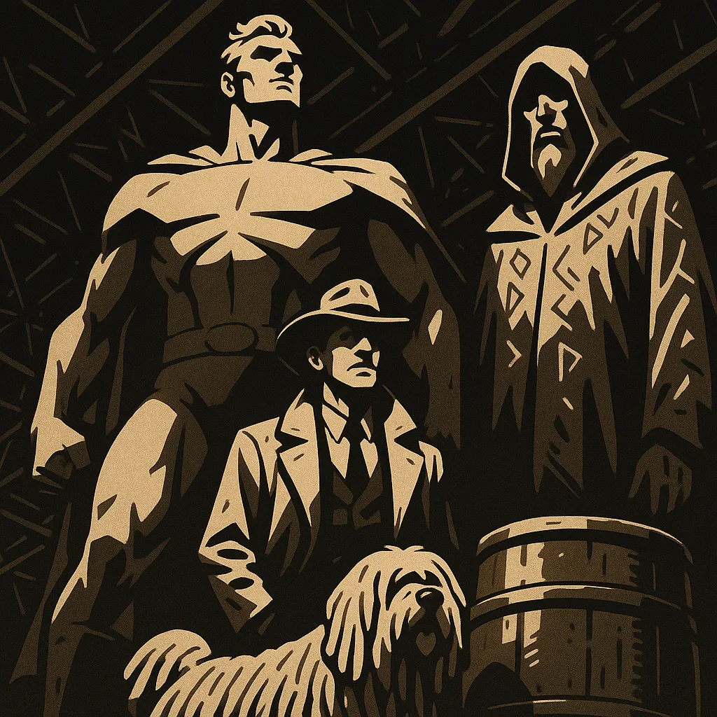 Towering Sculptural Hero and a Rune-marked Figure Loom