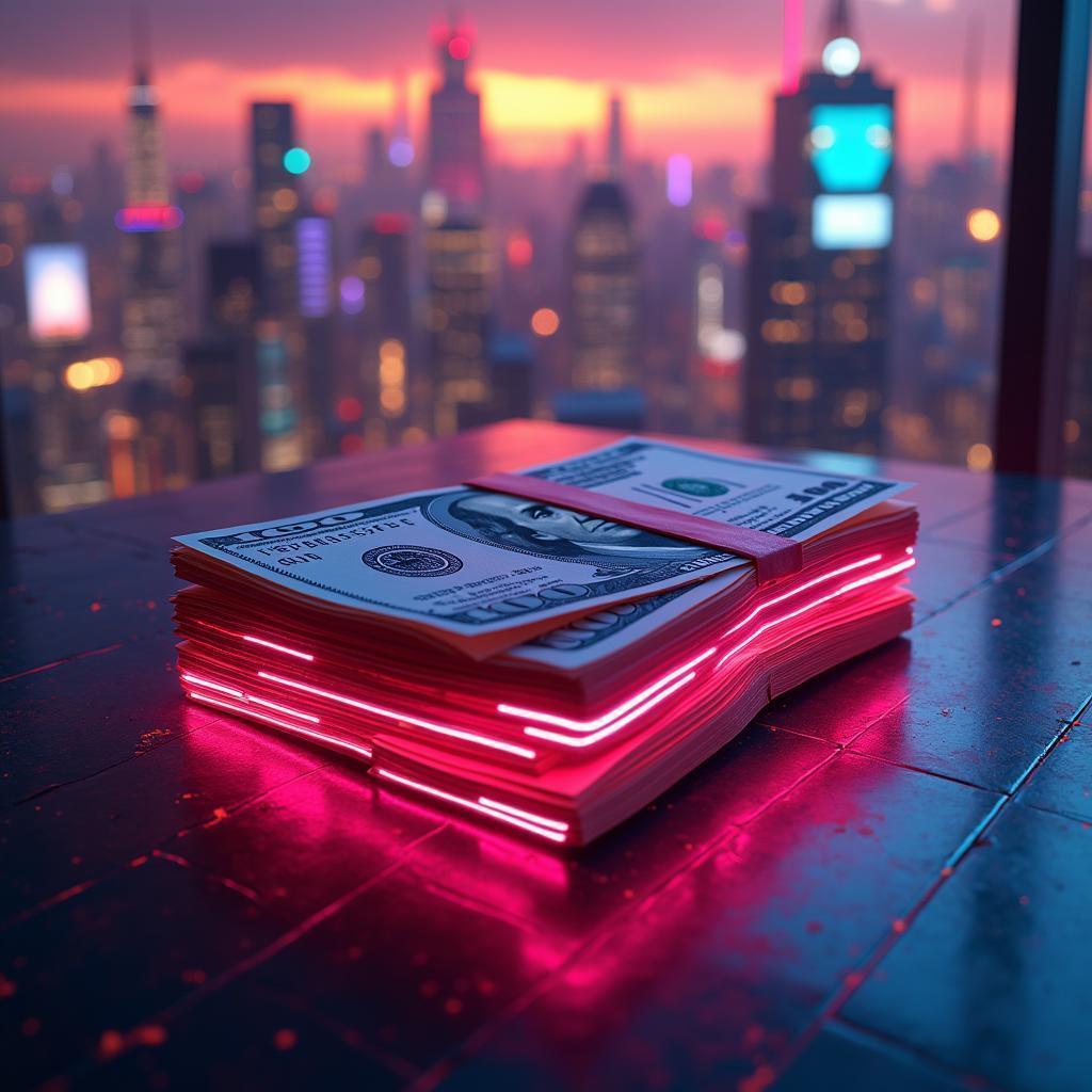 Neon Stack of Cash on a Futuristic Table