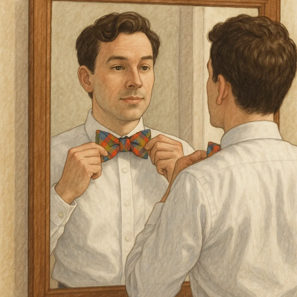 Depict a Scene Showing a Person Straightening a Colorful Bowtie