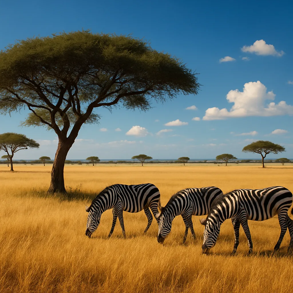 Endless Savanna Spreads Out under a Vivid Blue Sky