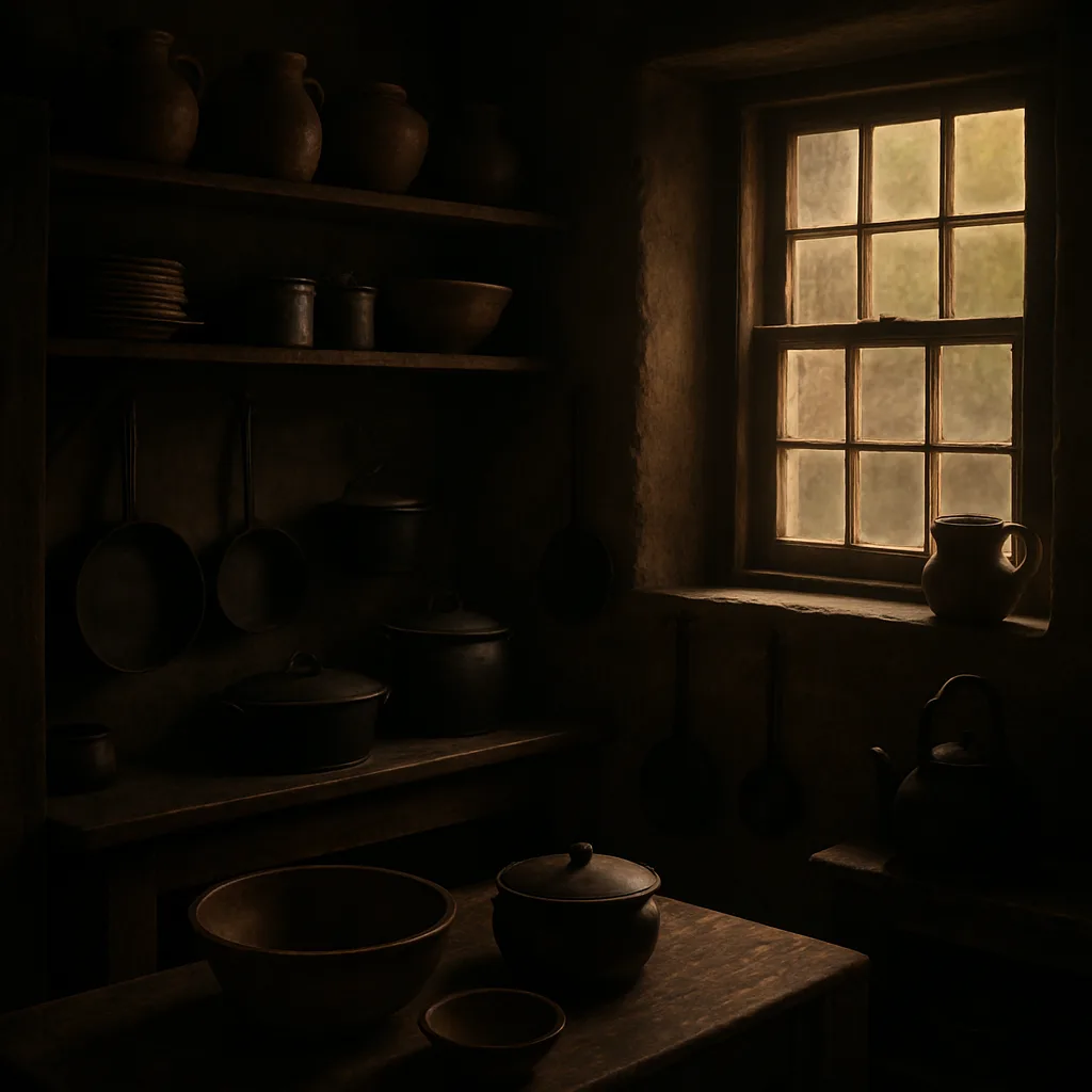 Dimly Lit Traditional Kitchen with Wooden Shelves