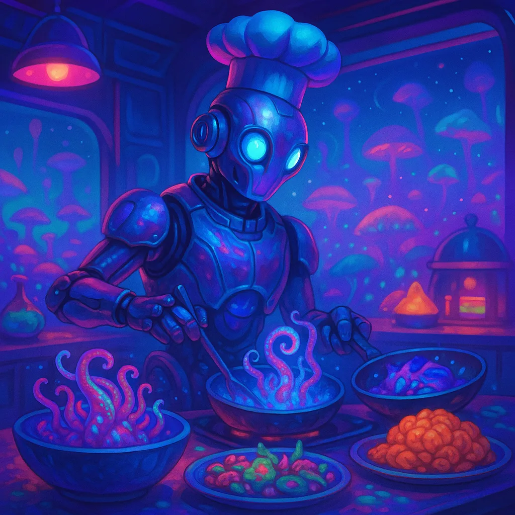 Advanced Robot Culinary Expert Crafting a Colorful Alien Banquet