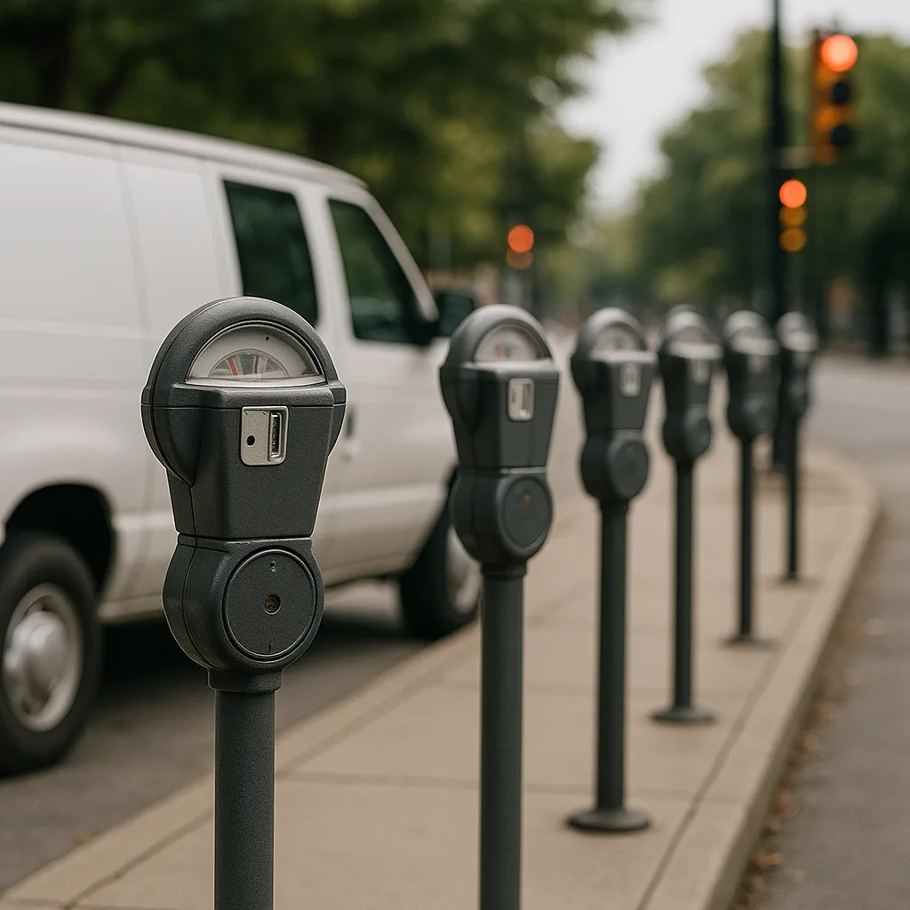 Row of Parking Meters Lined Along a Sidewalk