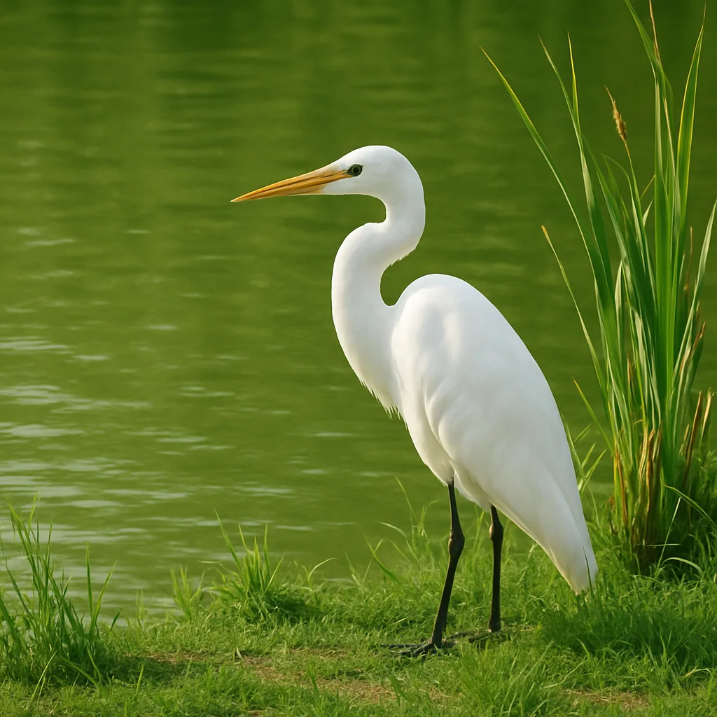White Egret Stands near the Edge of a Green-hued Pond