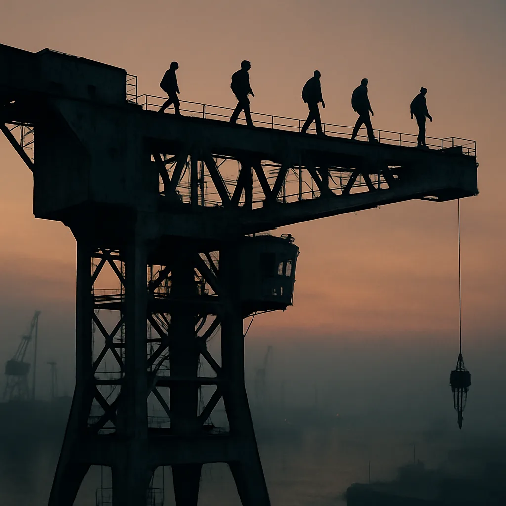 Few Silhouetted Figures Walk Along the Top of a Massive