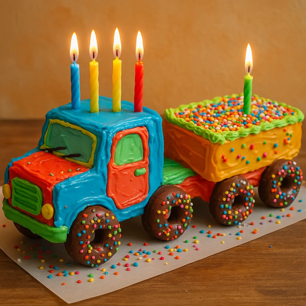 Colorful Homemade Cake Shaped Like a Truck and Trailer