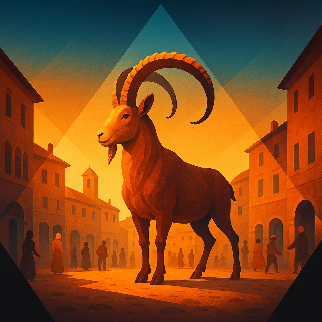 Warmly Front-lit Ibex Commands a Bustling Village Square