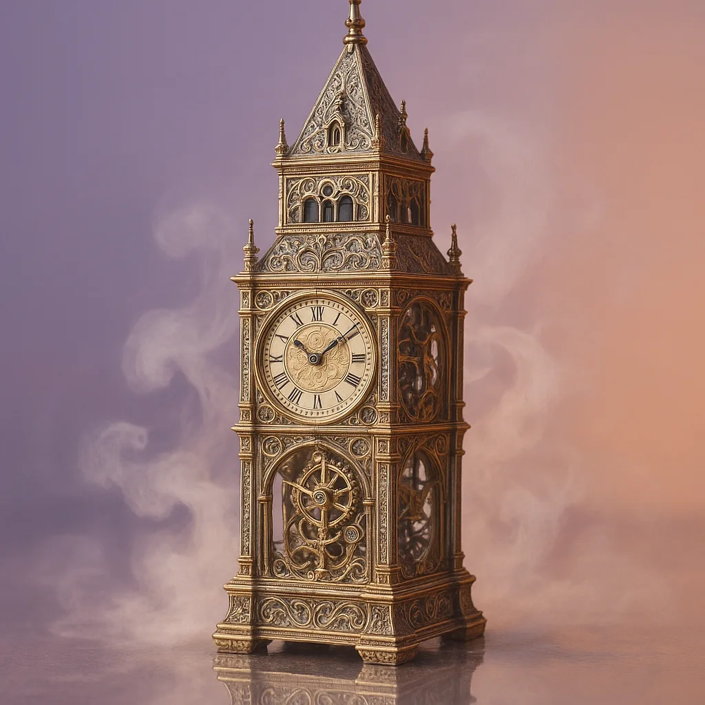 Highly Detailed Miniature Clock Tower Enveloped by Drifting Mist