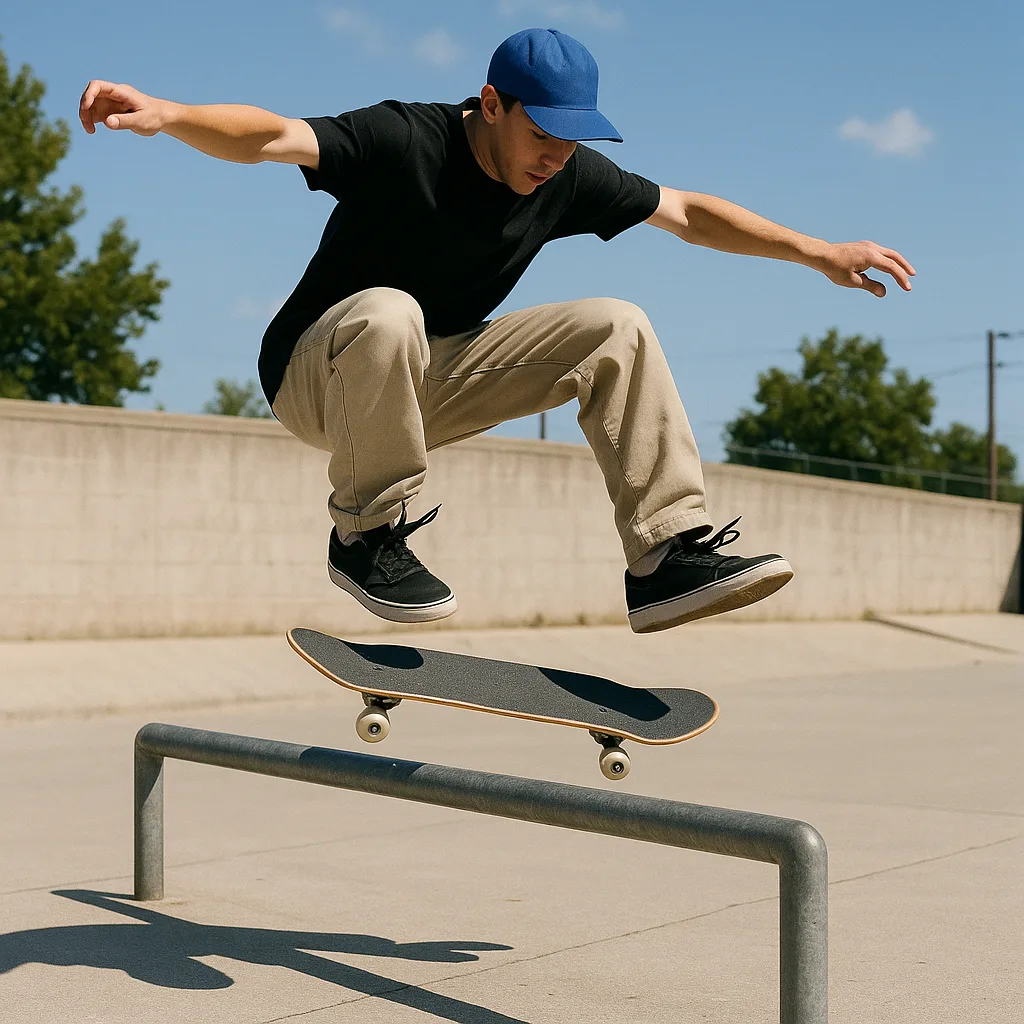 Man in a Blue Baseball Cap Executing a Kickflip