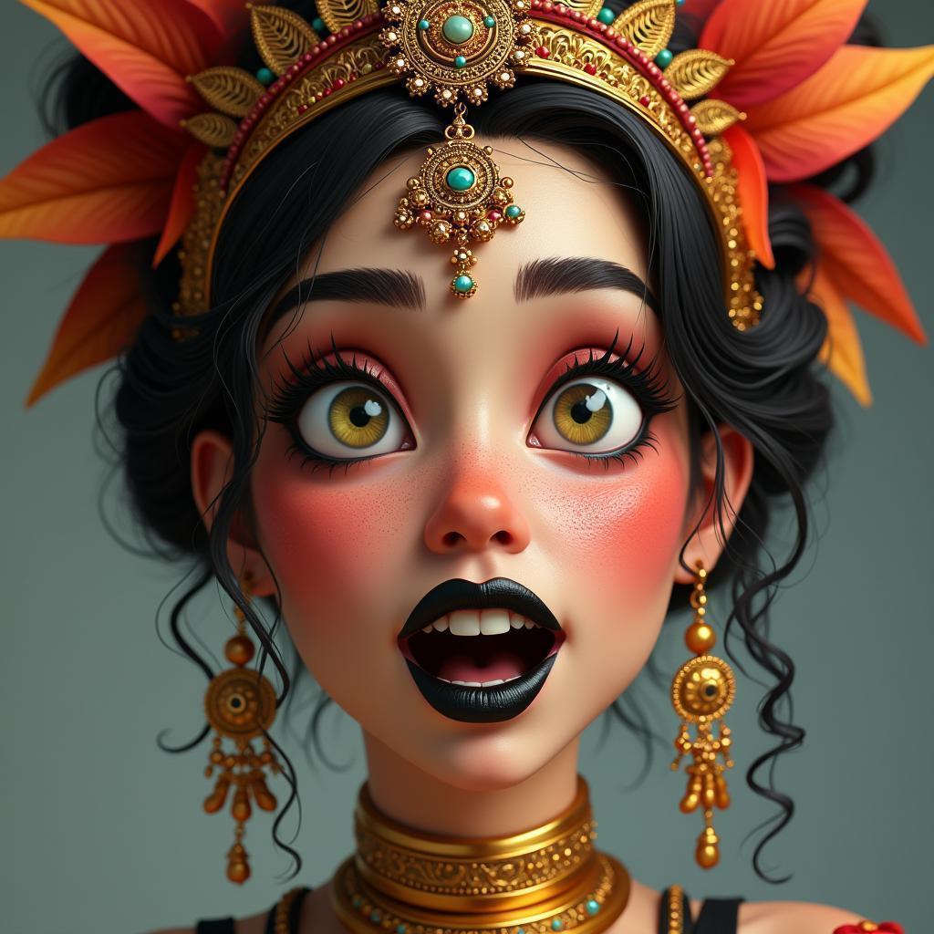 Animated Portrait With Vibrant Headdress and Gold Choker