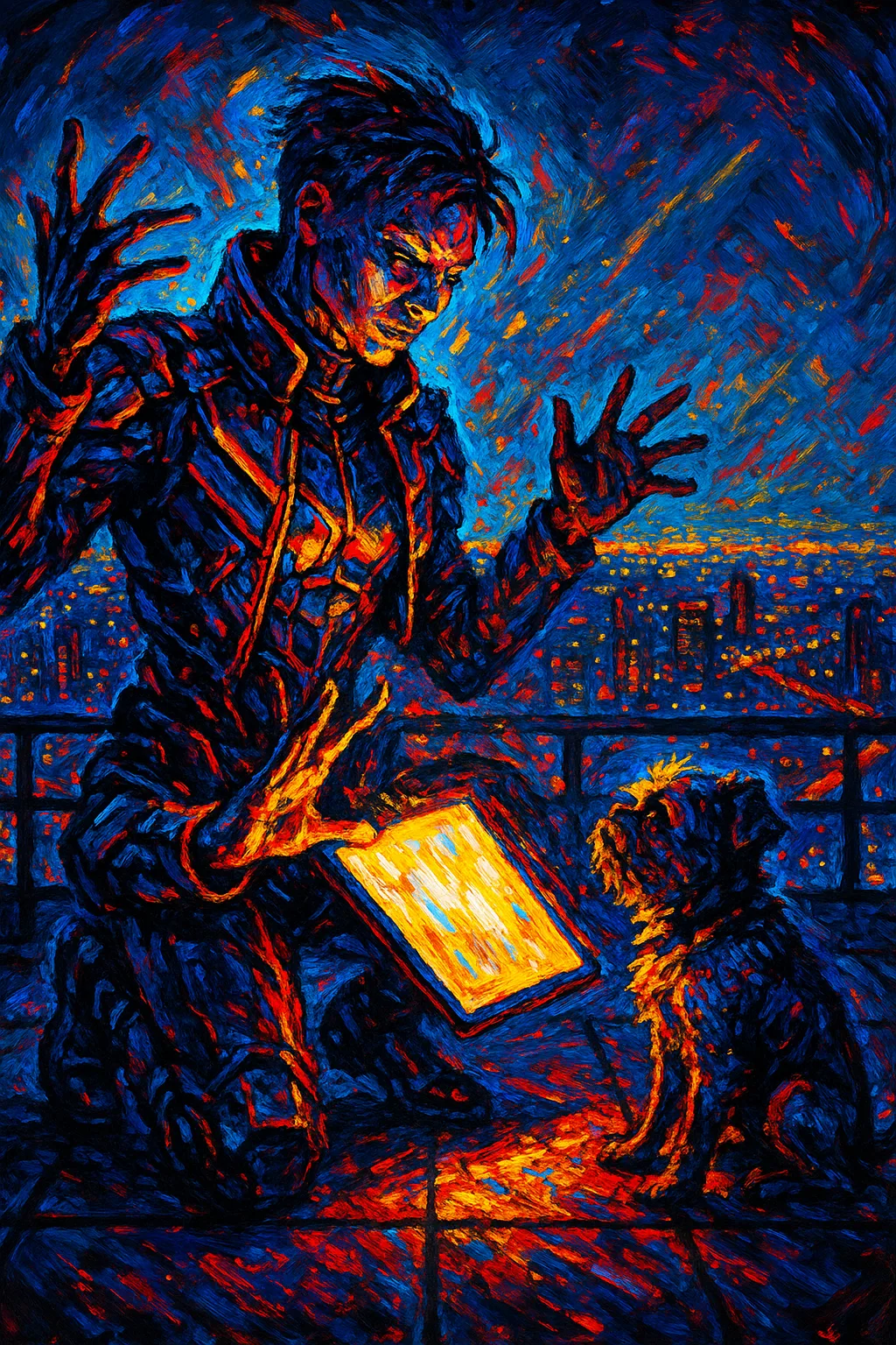 Androgynous Figure in Futuristic Cyberpunk Attire Expressively Gestures
