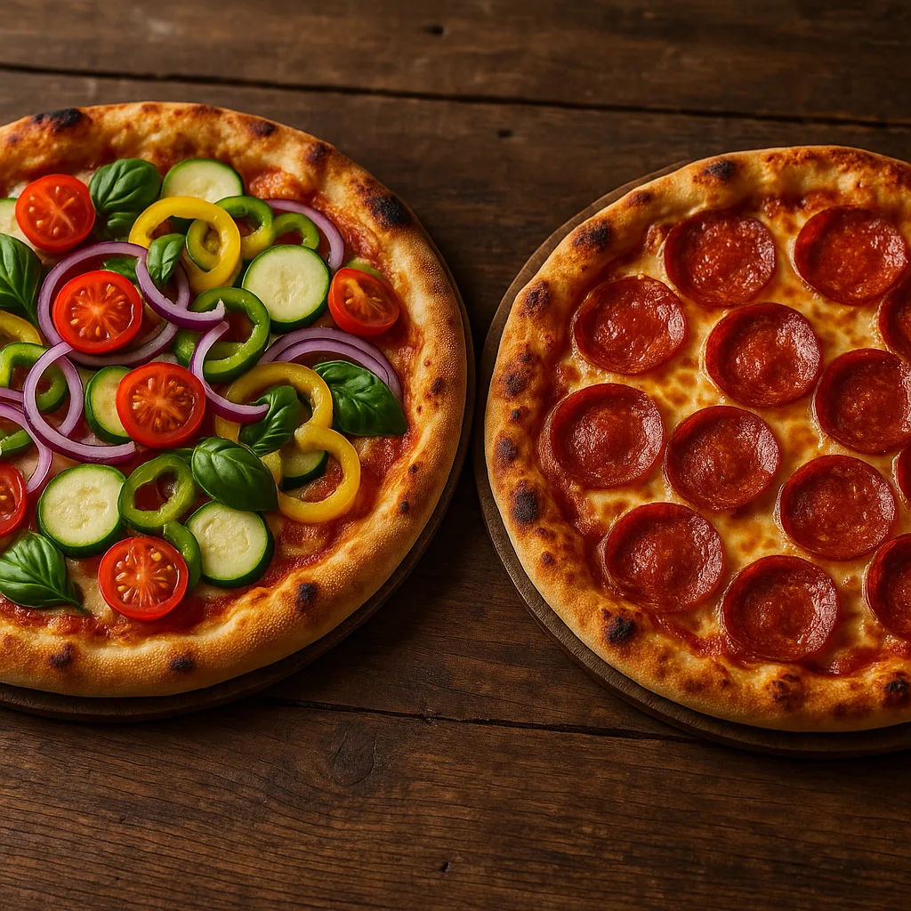 Showcasing Two Artisan Pizzas Resting on a Weathered Wooden Table