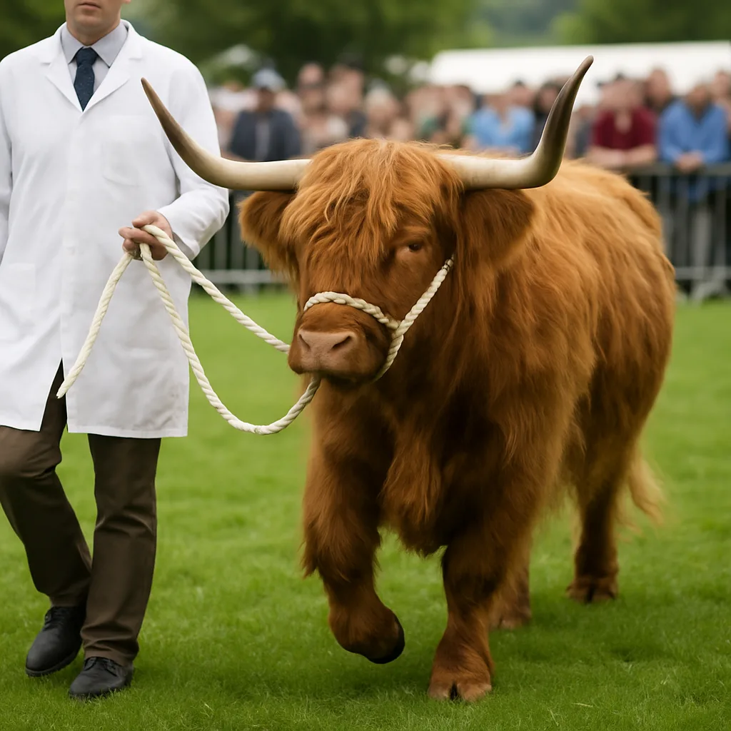 Handler Leads a Shaggy Highland Cow