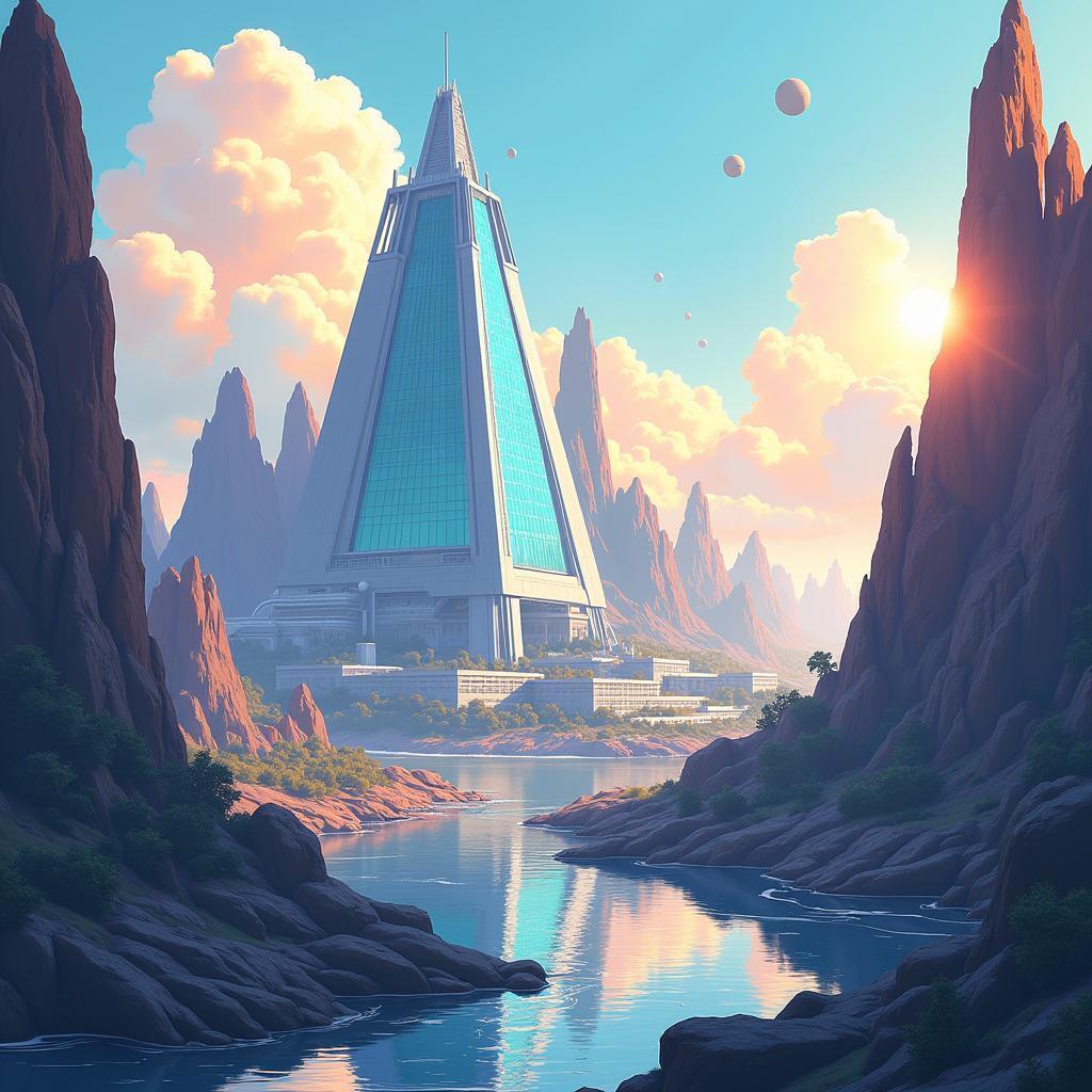 Glass Triangle Tower in a Serene Anime City