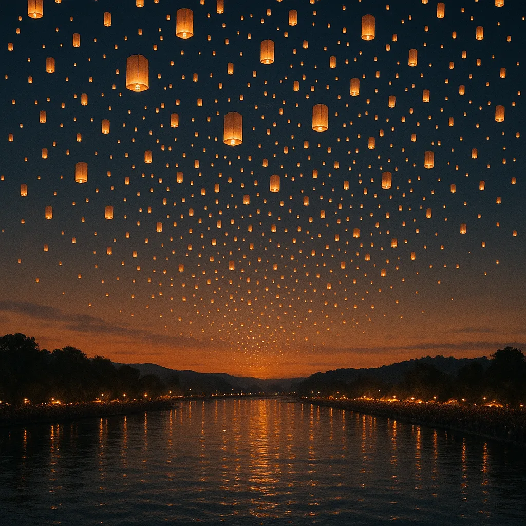 Countless Glowing Paper Lanterns Ascend into the Twilight Sky