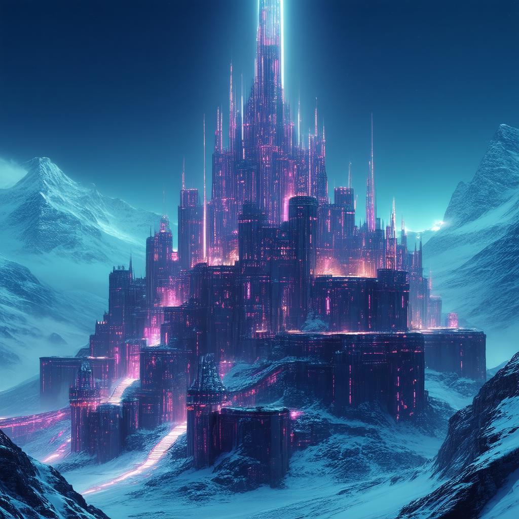 Neon Fortress Spire Overlooking a Frosty Valley