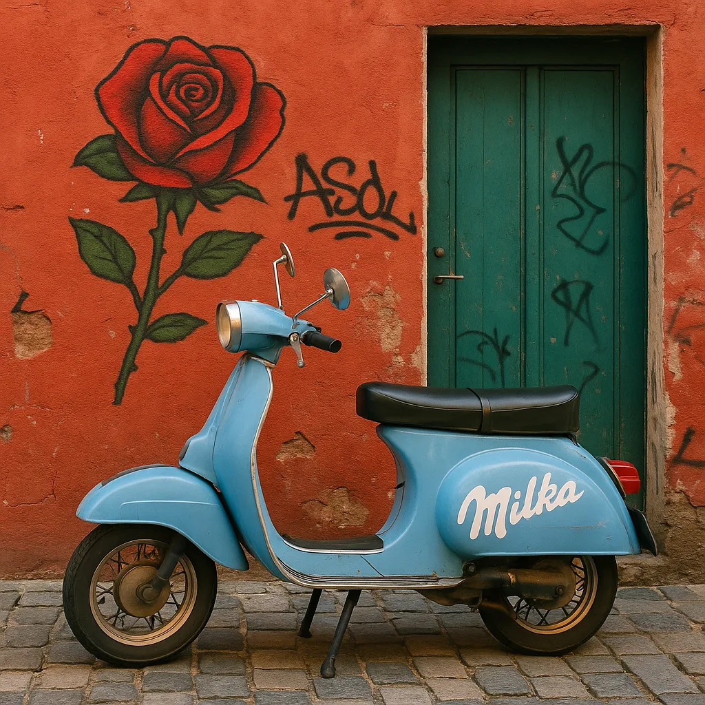 Vintage Blue Milka-branded Scooter Parked in Front