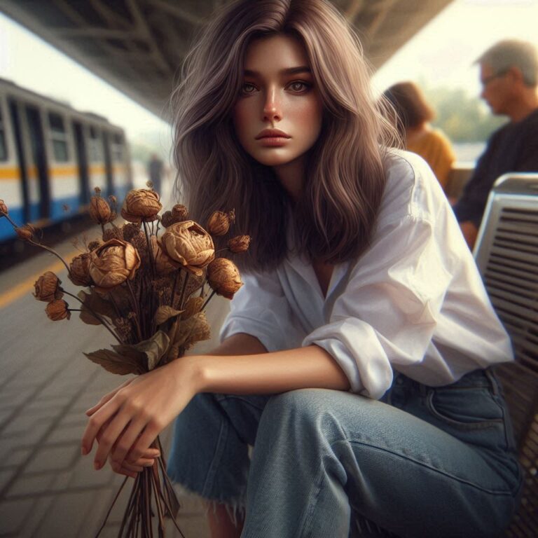 Young Woman with Withered Flowers at Bus Station