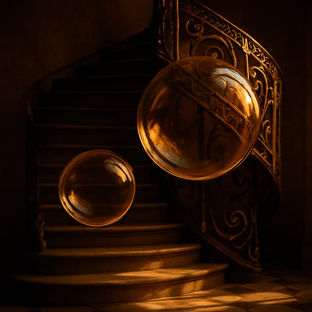 Two Varied Bubbles Drift Before an Ornate Spiral Staircase