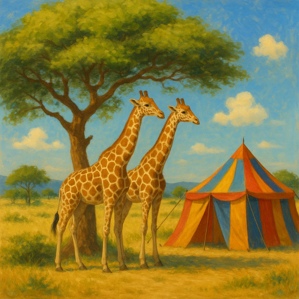 Sunny Scene Featuring Two Giraffes Resting in the Shade