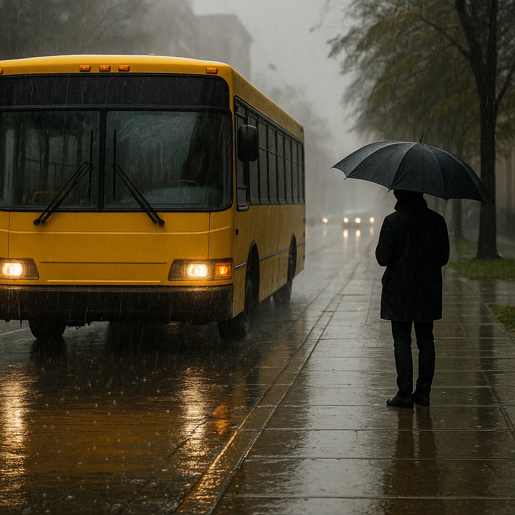 Yellow Bus Approaches a Wet Sidewalk