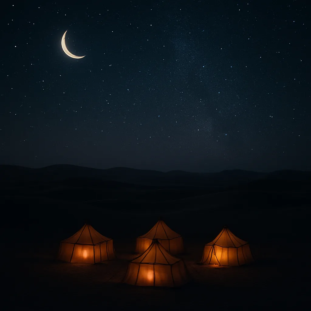 Small Group of Nomadic Tents Glows Faintly Amidst an Immense