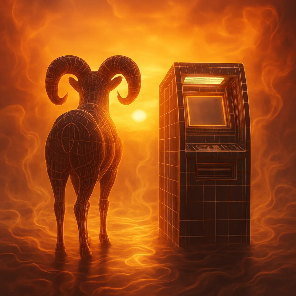Wireframe Bighorn and Cash Machine Stand Centrally in Flowing Ethereal