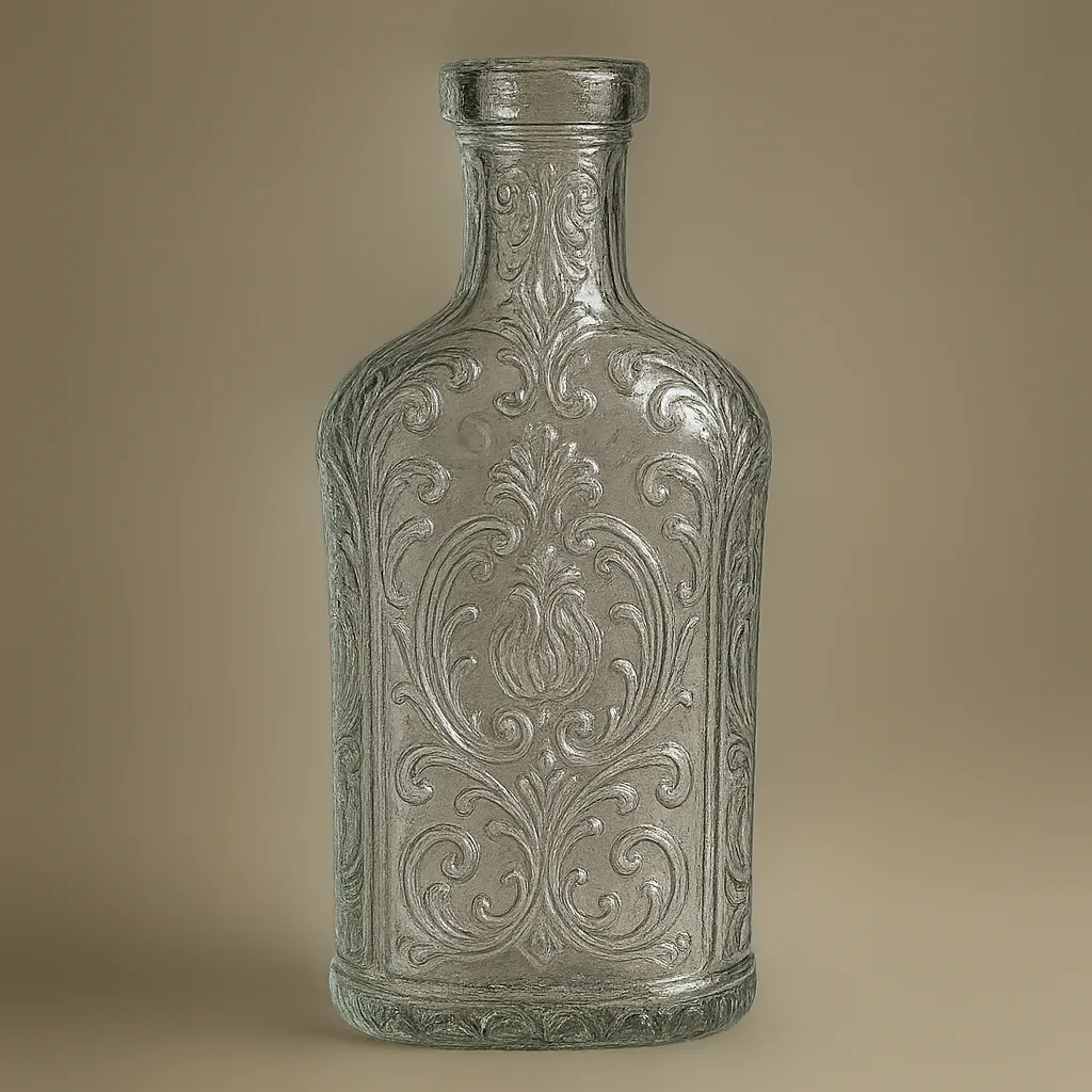Showcasing a Clear Glass Bottle Adorned with Detailed Patterns