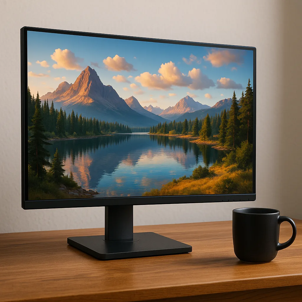 Wooden Desk Holds a Computer Monitor Showing a Beautiful Landscape
