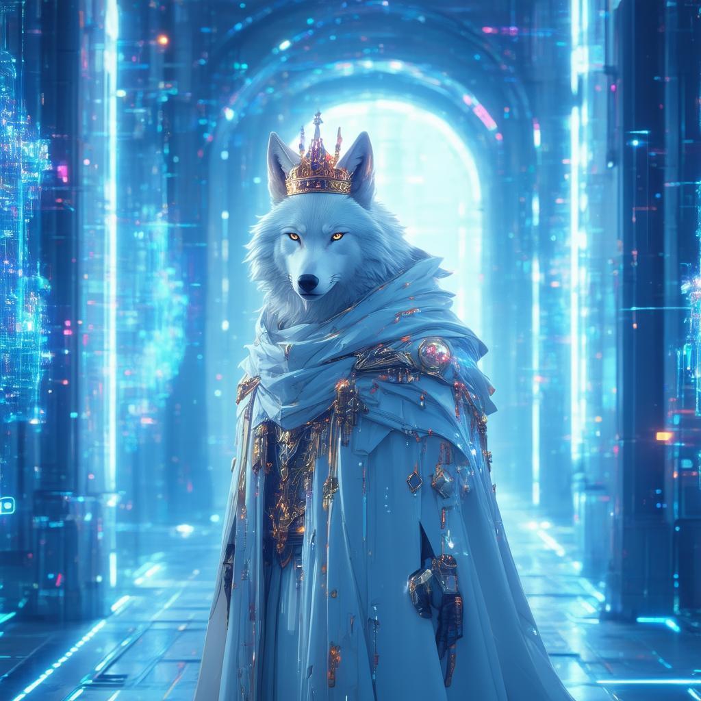 Crowned White Wolf in a Neon Hologram Alley