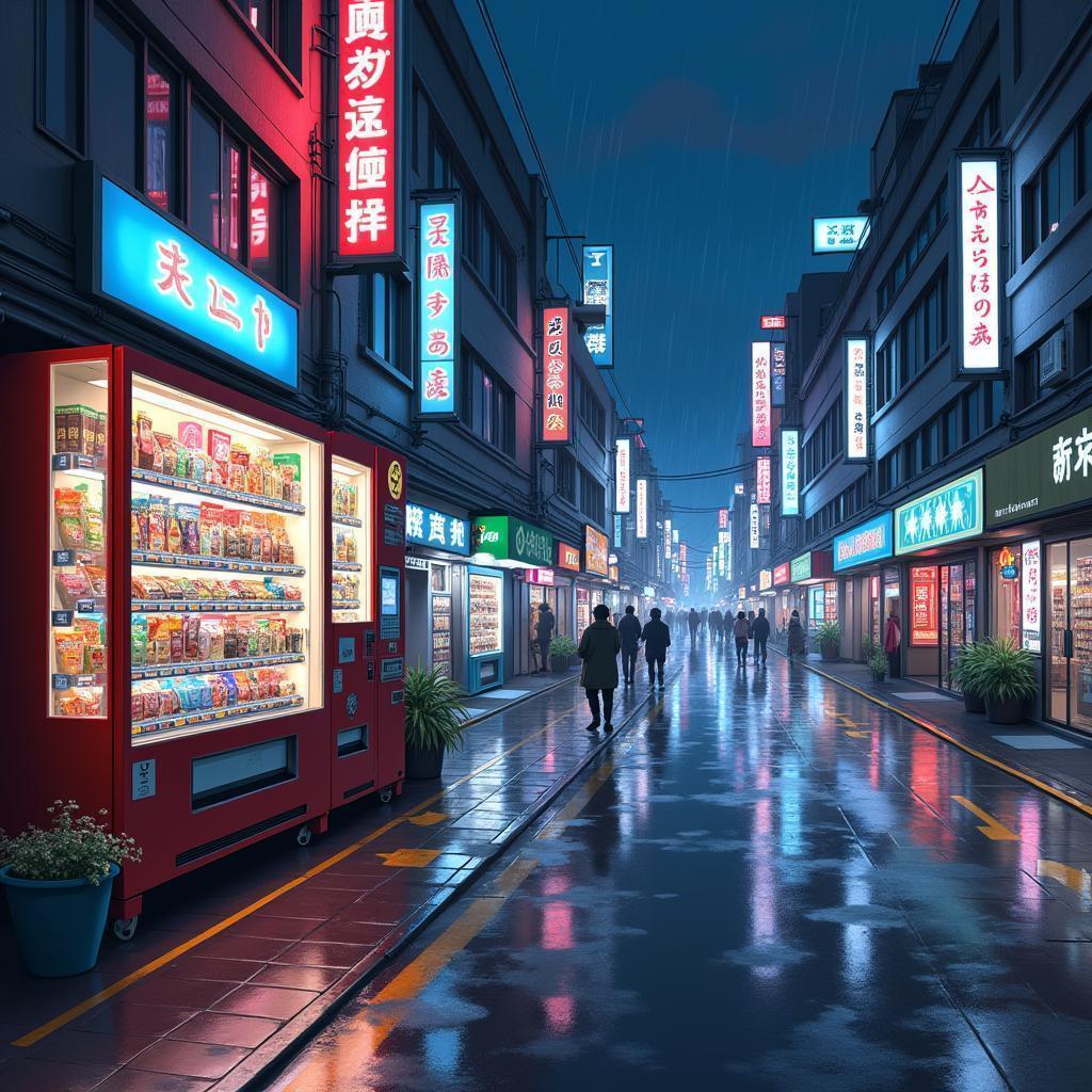 Rainy Anime City Night With Glowing Vending Machine