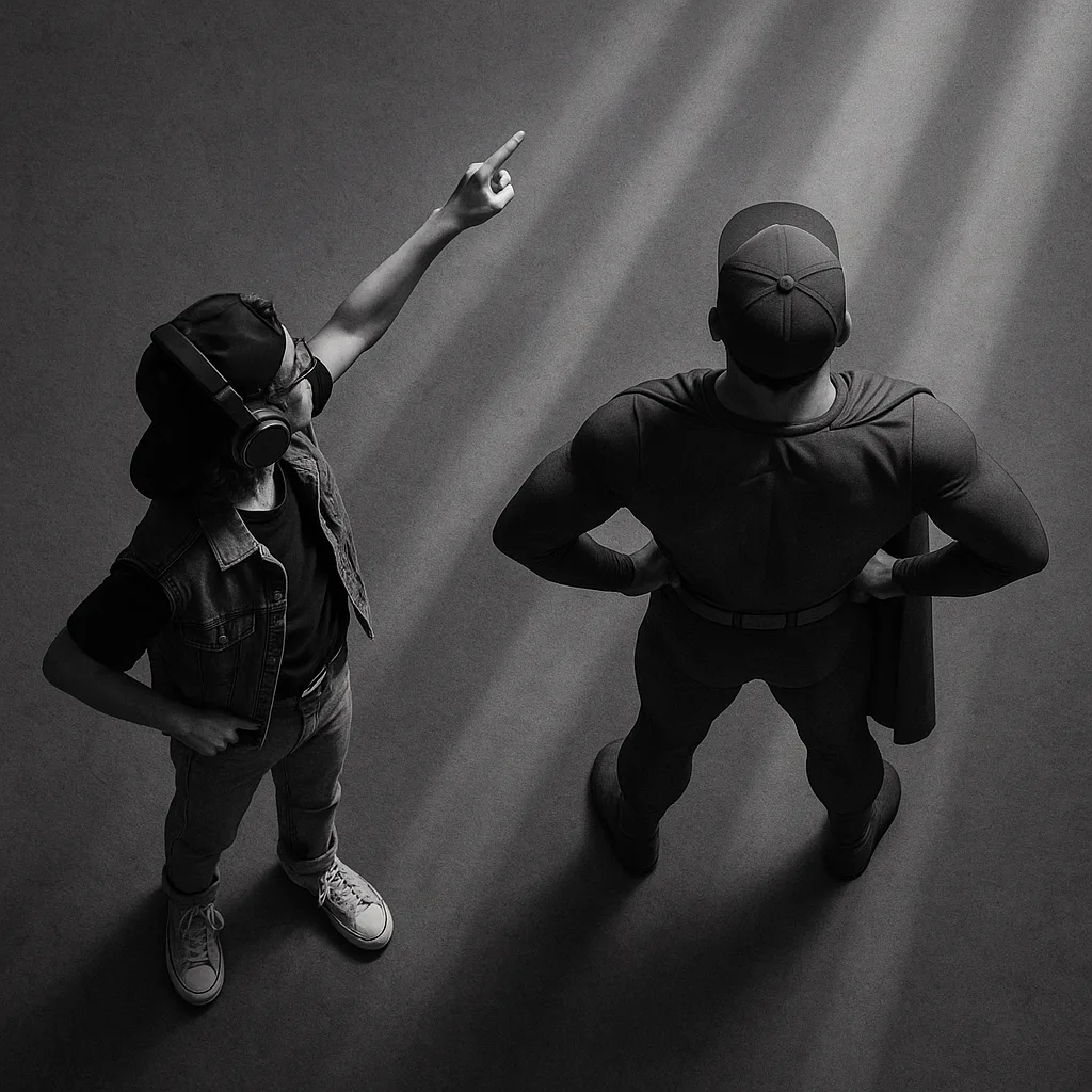 Retro-tech Teen Pointing an Item and a Cap-wearing Hero