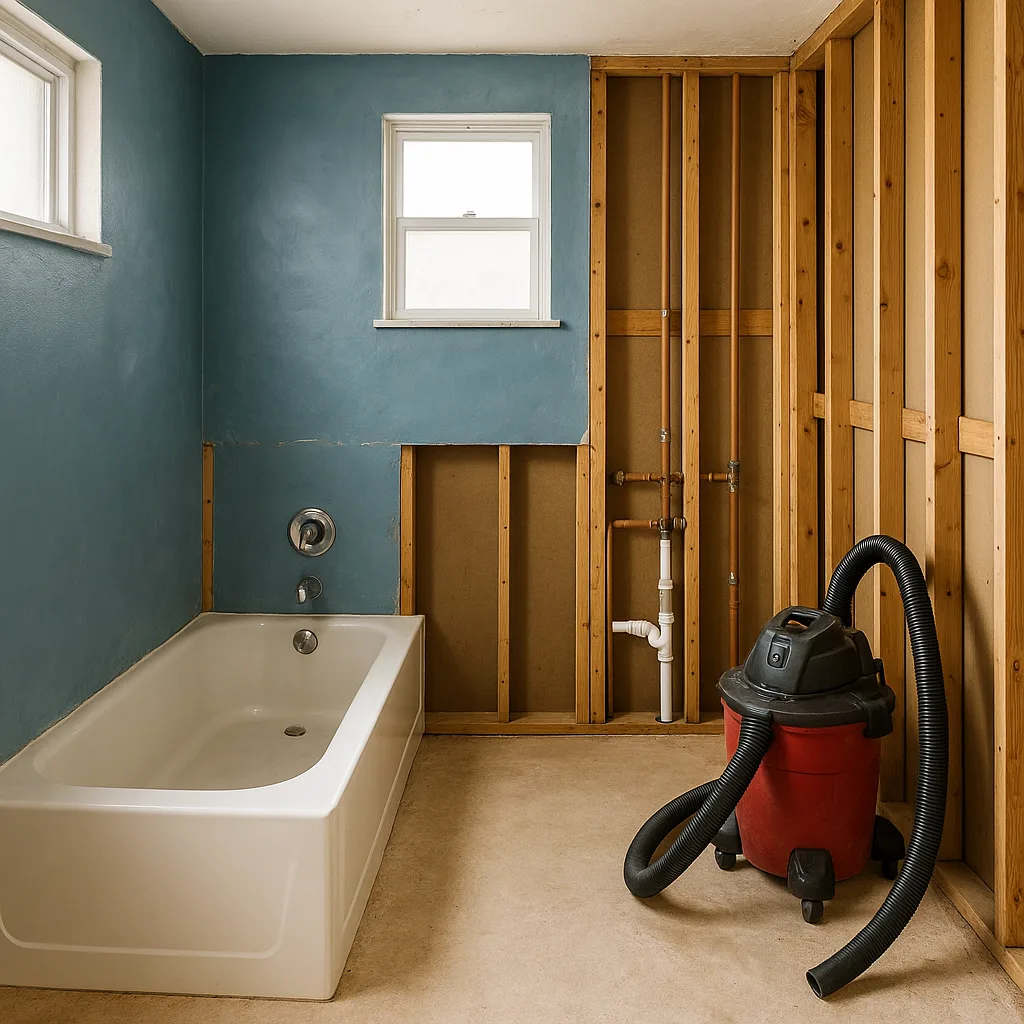 Partially Renovated Bathroom with Exposed Wall Studs