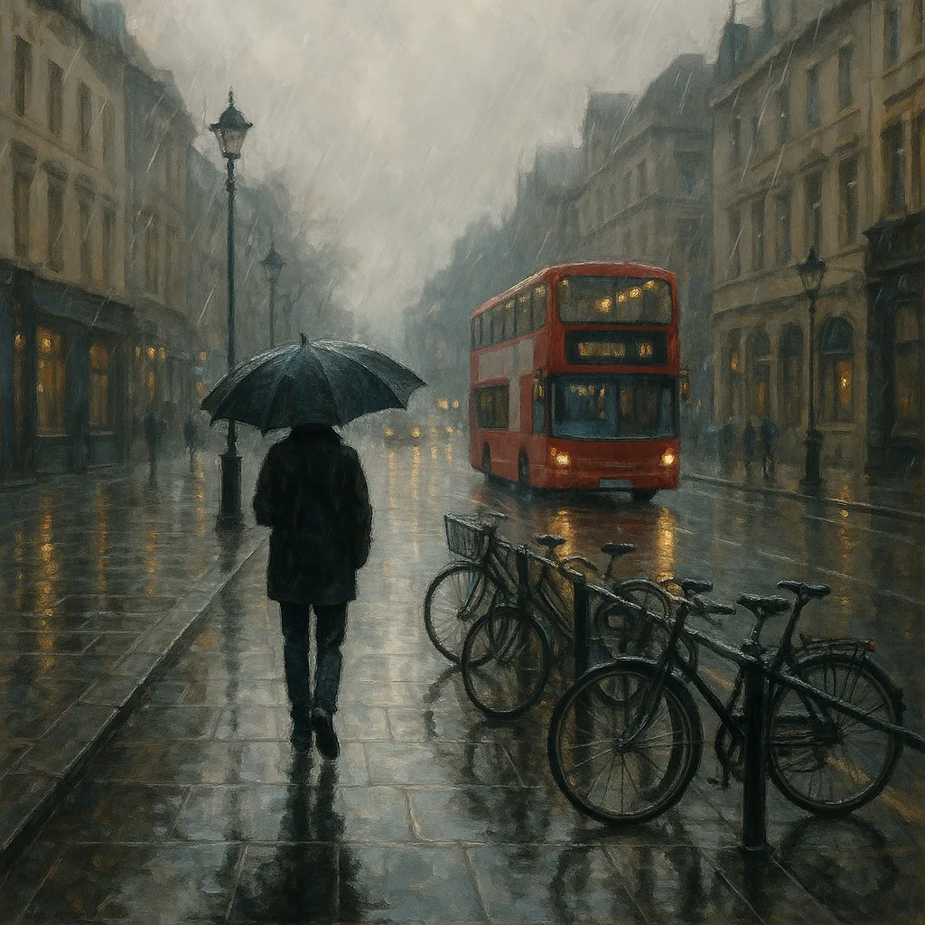 Rainy City Street Scene with a Person Holding an Umbrella
