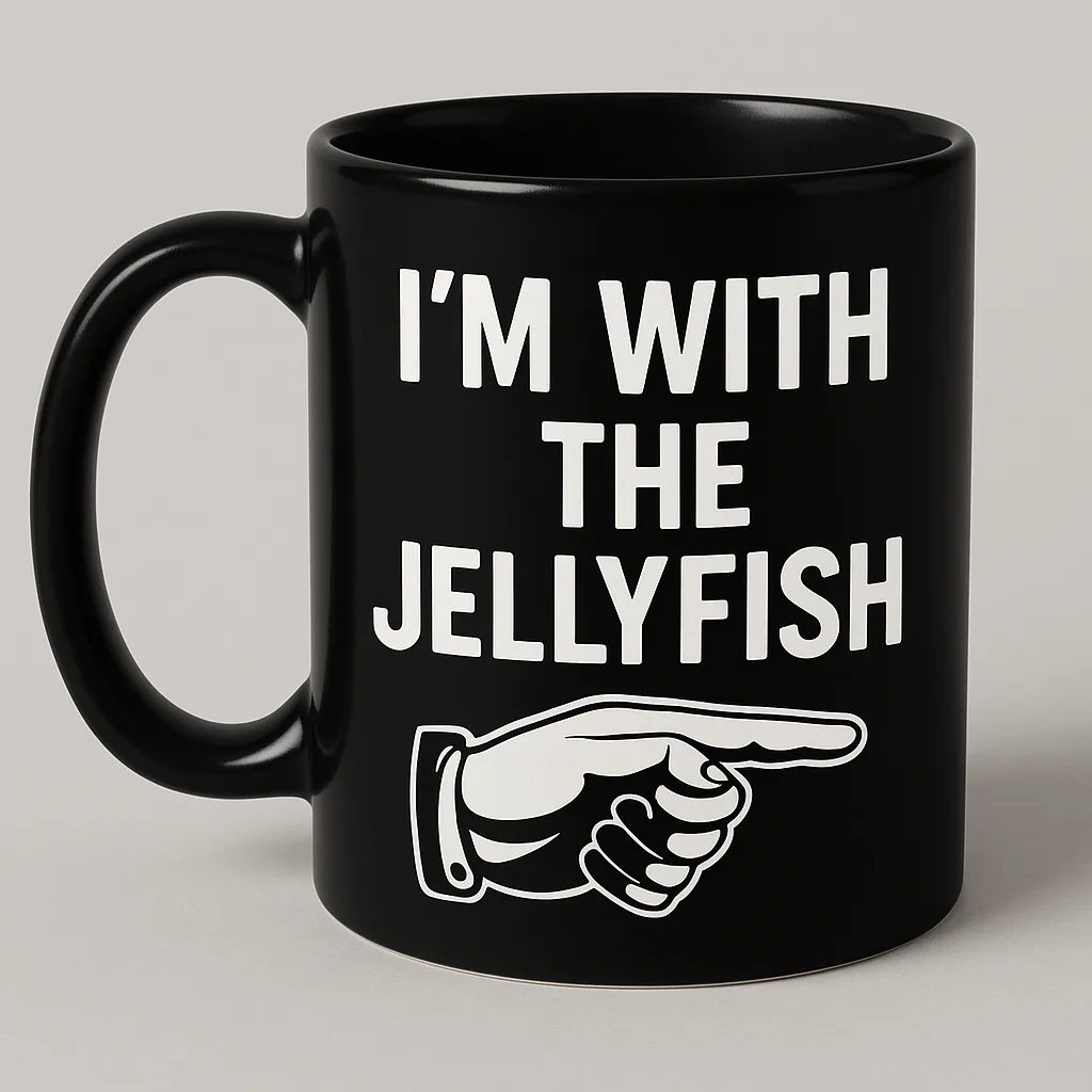 Black Mug with the Text "I'M WITH THE JELLYFISH"