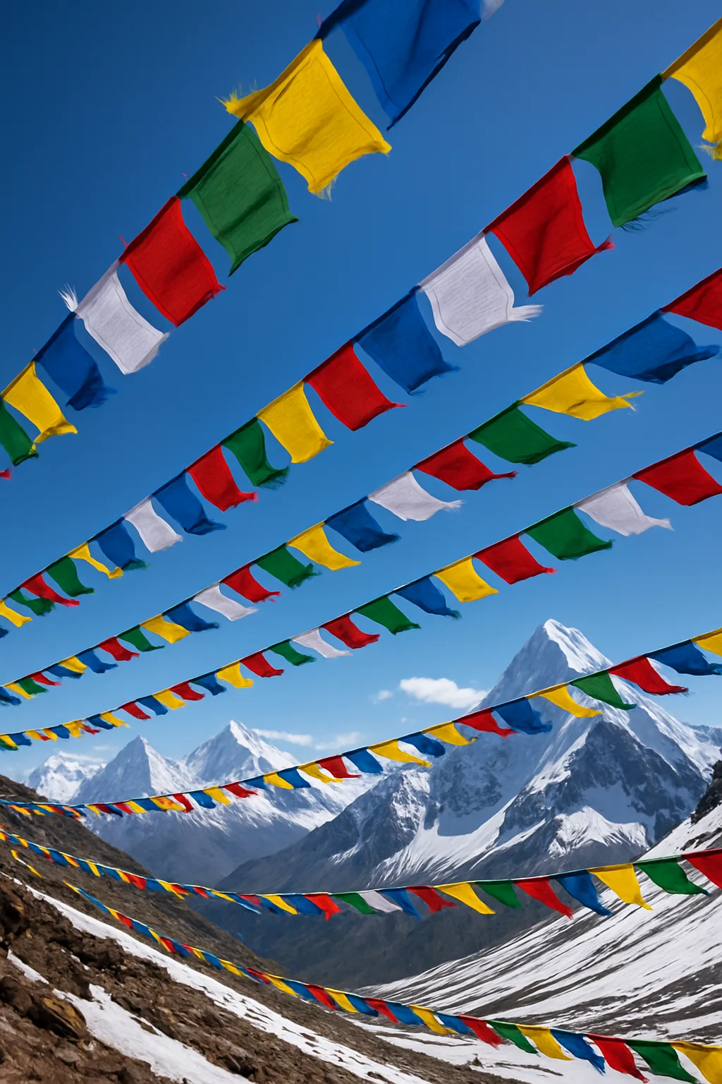 Myriad Brightly Colored Prayer Flags Stretch in Long Lines
