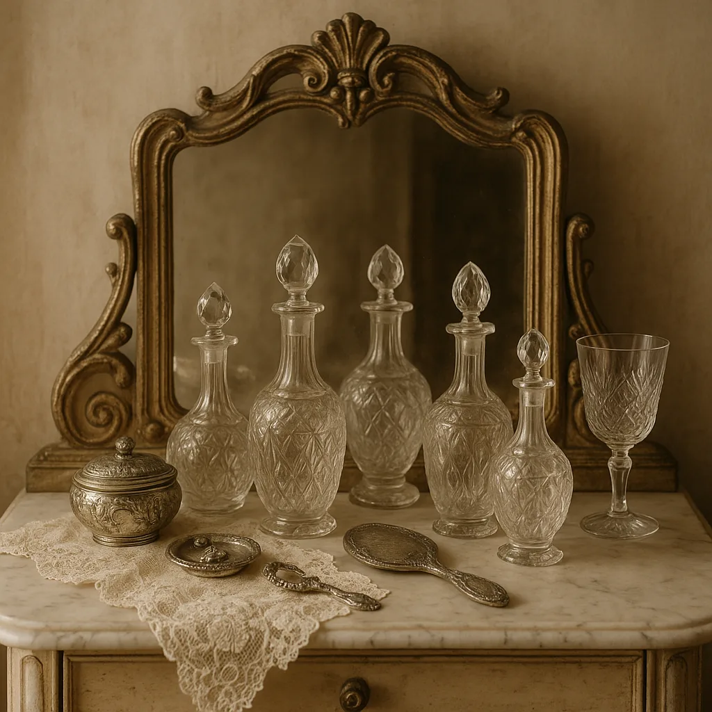 Vintage Marble Vanity Table Adorned with Ornate Glass Decanters