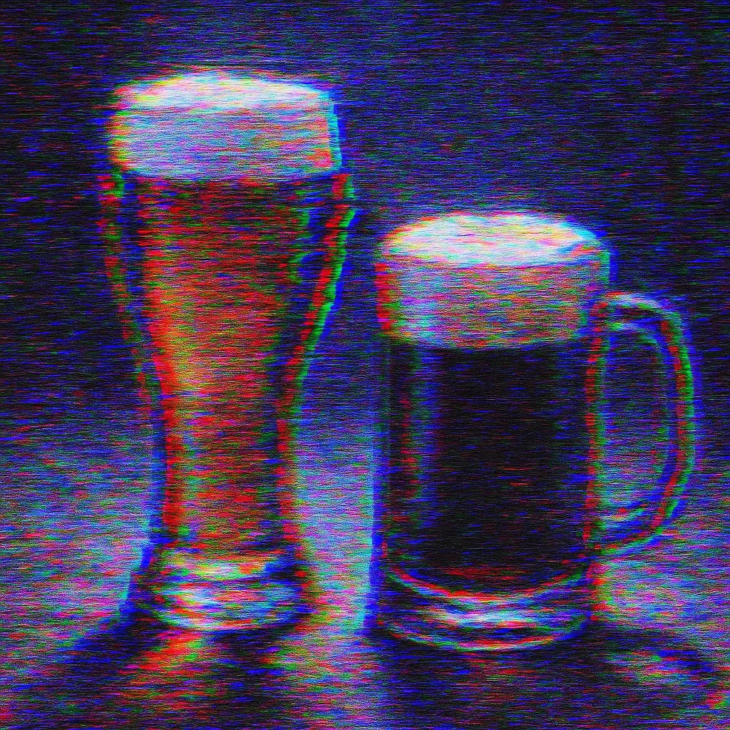 Two Diverse Beer Glasses Sit Asymmetrically under Dim
