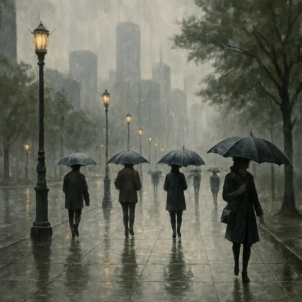 Umbrella-toting Pedestrians Walk Along a Damp Sidewalk