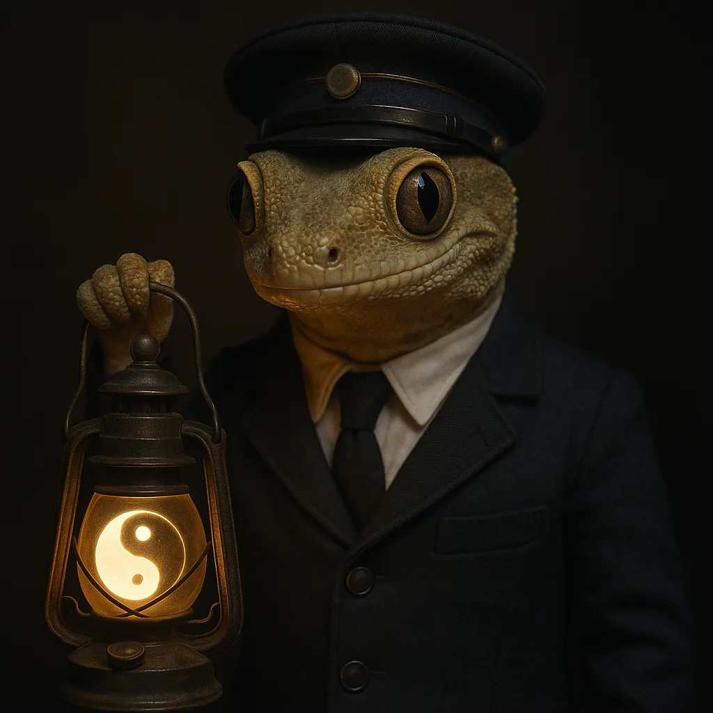 Photograph of a Gecko Dressed in a Train Conductor’s Outfit